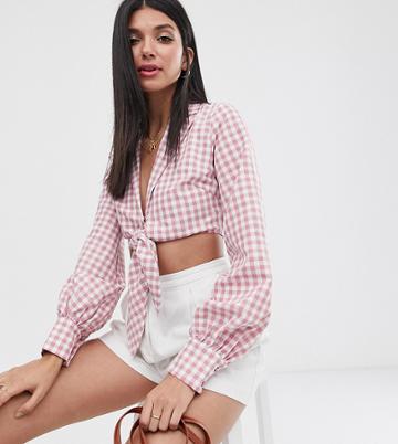 Fashion Union Tall Tie Front Top In Gingham - Pink