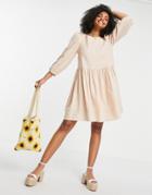 Asos Design Linen Mini Smock Dress With Strappy Back In Beige-neutral