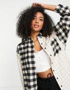 Topshop Neutral Patchwork Check Oversized Shirt In Monochrome-black