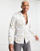 Asos Design Revere Satin Shirt In White Renaissance Print In Recycled Polyester