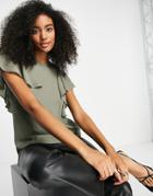 Asos Design High Neck Blouse With Frill Sleeve Detail In Khaki-green