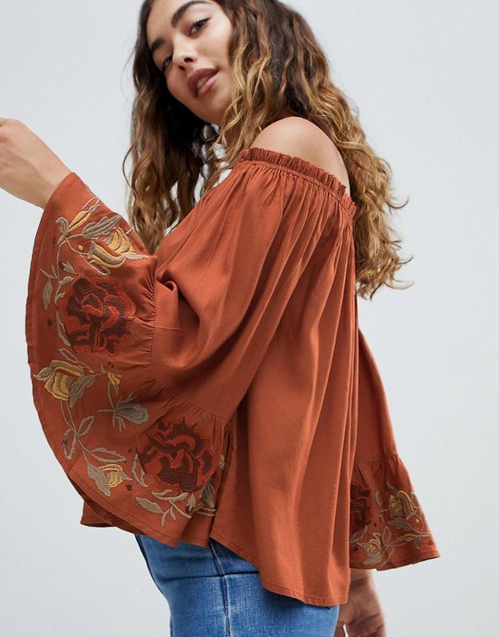Hazel Off Shoulder Lace Cuff Blouse - Red