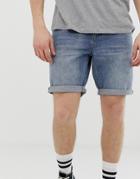 Asos Design Denim Shorts In Slim Mid Wash - Blue