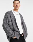 Asos Design Fluffy Cable Knit Cardigan In Charcoal-gray