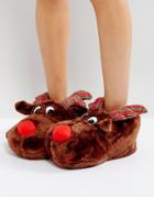 Loungeable Reindeer Slippers With Plaid Antlers - Brown