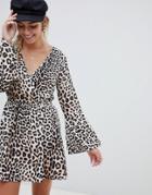 Influence Flared Sleeve Wrap Leopard Print Dress - Brown