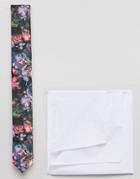 Asos Slim Floral Tie And White Pocket Square - Black