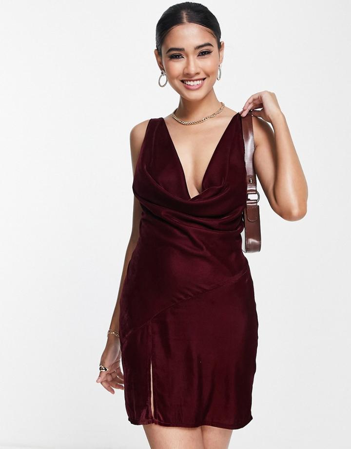 Asos Design Cowl Front Velvet Mini Dress With Lace Up Back-red