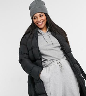 Threadbare Curve Addison Longline Padded Jacket With Tie Waist-black