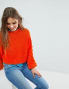 Miss Selfridge Balloon Sleeve Bobble Cable Knit Sweater - Orange