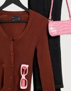 Asos Design Ribbed Cardi With Ruffle Cuffs And Pocket Detail In Brown
