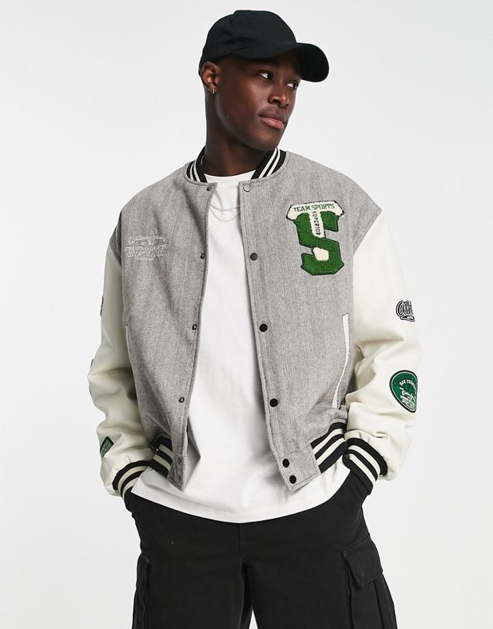 Asos Design Oversized Varsity Jacket In Gray Herringbone Design With Contrast Black Sleeves