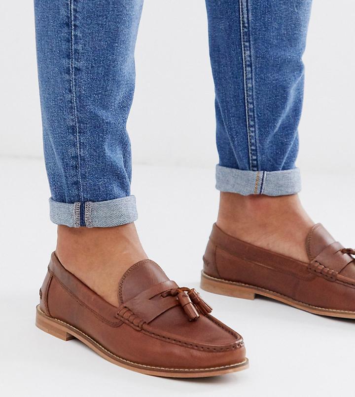 Asos Design Wide Fit Tassel Loafers In Tan Leather With Natural Sole - Tan