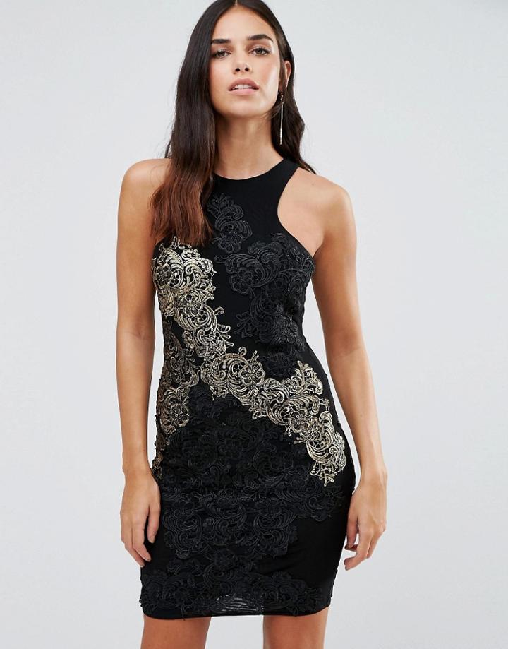 Forever Unique Daria Lace Bodycon Dress With Gold Lace Detail - Black