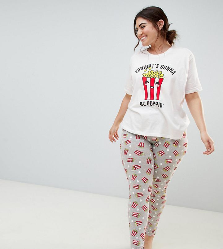 Asos Design Curve Tonights Going To Be Poppin Popcorn Tee And Legging Pyjama Set - Gray