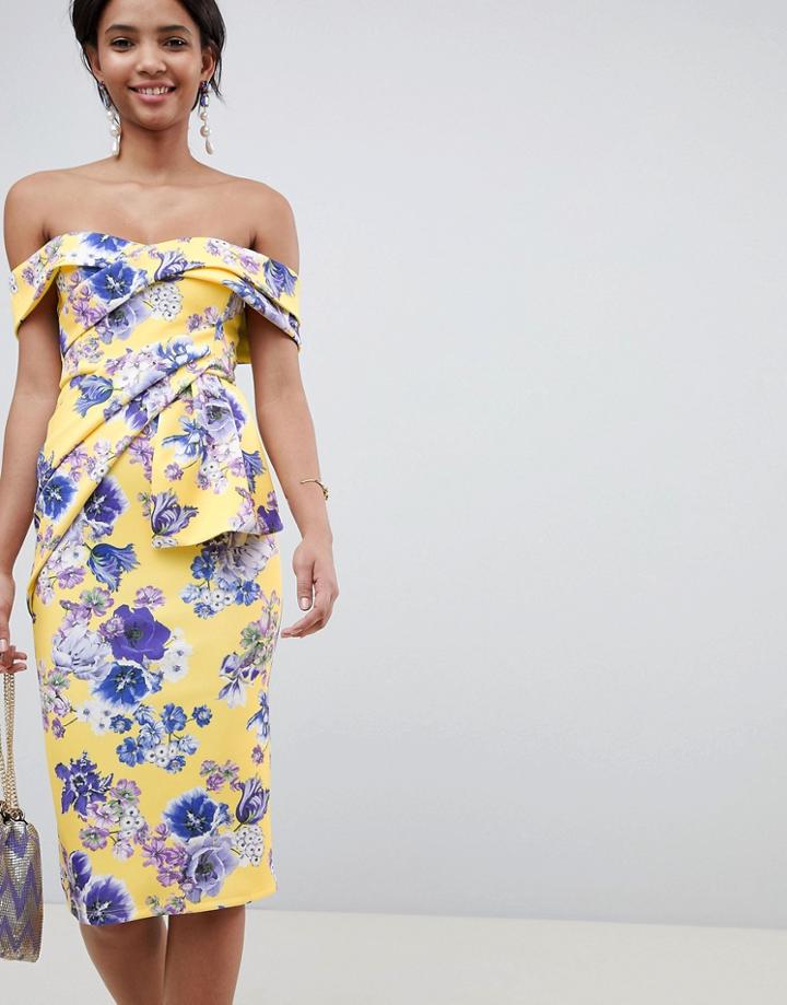 Asos Design Bardot Fold Wrap Front Midi Dress In Print - Multi