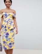 Asos Design Bardot Fold Wrap Front Midi Dress In Print - Multi