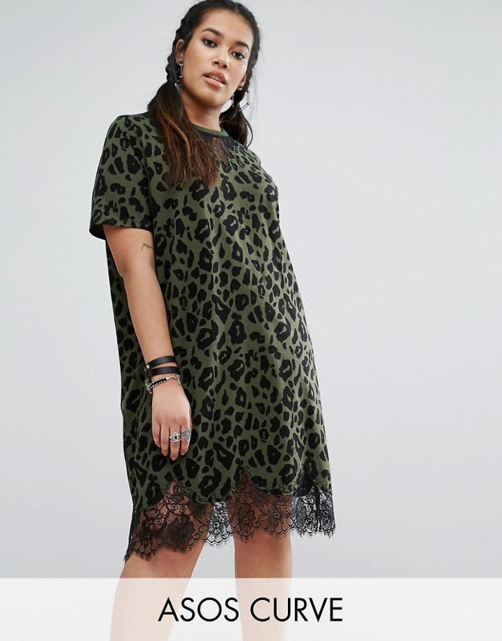 Asos Curve T-shirt Dress With Lace Inserts In Leopard Print - Multi