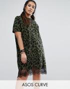 Asos Curve T-shirt Dress With Lace Inserts In Leopard Print - Multi