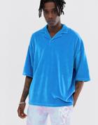 Asos Design Oversized Polo Shirt With Revere Collar In Velour - Blue