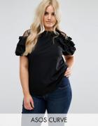 Asos Curve T-shirt With Ruffle Bell Sleeve And Mesh Panel - Black