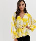 Asos Design Petite Long Sleeve Plunge Top With Kimono Sleeve And Rope Belt In Tropical Print - Multi