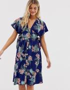 Influence Button Through Midi Dress In Tropical Floral Print - Navy