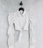 Collusion Cropped Shirt With Tie Detail And Puff Sleeves-multi
