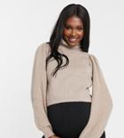 Pieces Maternity Sweater With Puff Sleeves And High Neck In Camel-neutral