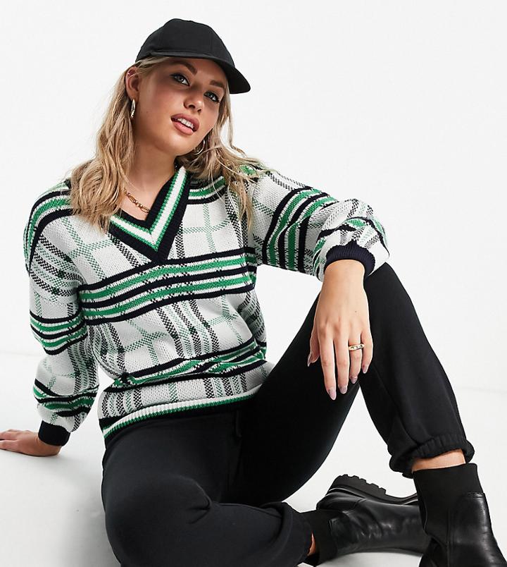 Asos Design Tall V Neck Sweater With Check Pattern In Cream-white