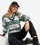 Asos Design Tall V Neck Sweater With Check Pattern In Cream-white