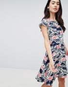 Qed London Floral Skater Dress With Cap Sleeves - Navy