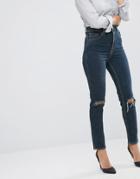 Asos Farleigh Slim Mom Jeans In Delphine Darkwash With Busted Knees - Blue