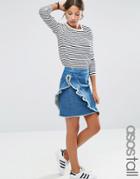 Asos Tall Denim Mini Skirt With Raw Edge Ruffle In London Blue - Blue