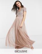 Maya Bridesmaid Short Sleeve Maxi Tulle Dress With Tonal Delicate Sequins In Muted Blush-neutral