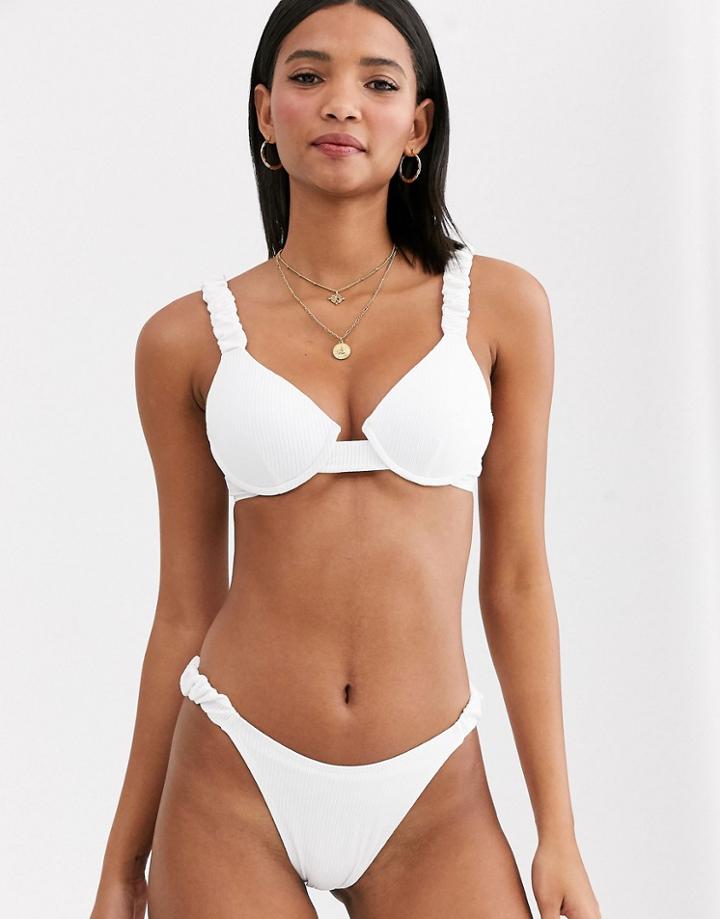 Fashion Union Ribbed High Leg Bikini Bottom In White