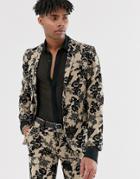 Twisted Tailor Super Skinny Suit Jacket With Floral Flocking In Tan - Tan