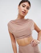 Club L Cowl Neck Slinky Top In Camel - Tan