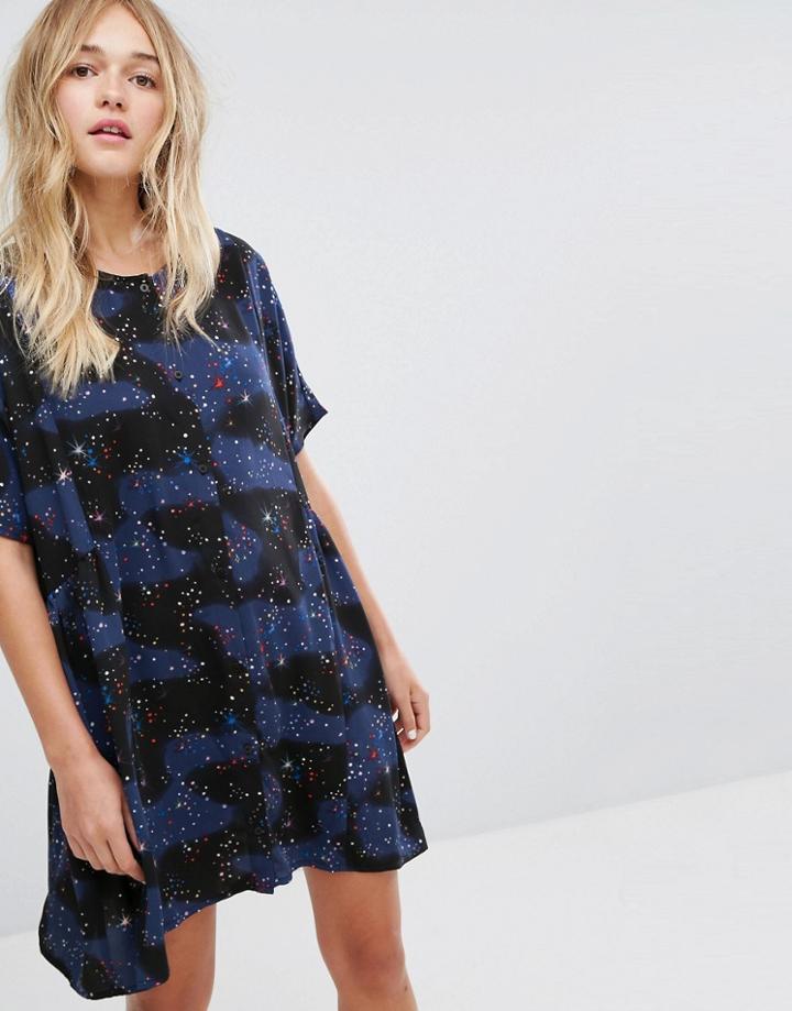 Monki Cosmic Space Smock Button Through Dress - Blue