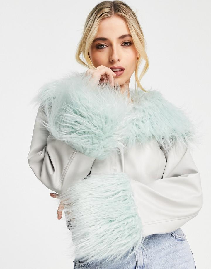 Asos Design Faux Leather Jacket With Borg Trim In Blue-pink