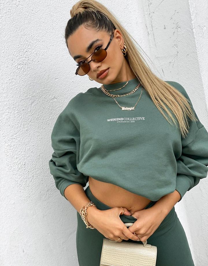Asos Weekend Collective Sweatshirt With Large Back Logo In Khaki-green