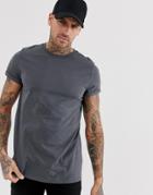 Asos Design T-shirt With Crew Neck And Roll Sleeve In Washed Black-gray