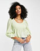 Asos Design Shirred Peplum Top With Deep Cuff In Sage Green