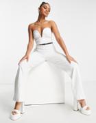 Asos Design Ruched Bandeau Straight Leg Belted Jumpsuit In White