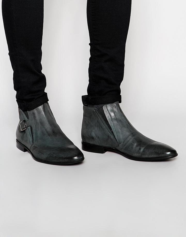 Asos Boots In Gray Leather With Buckle - Gray