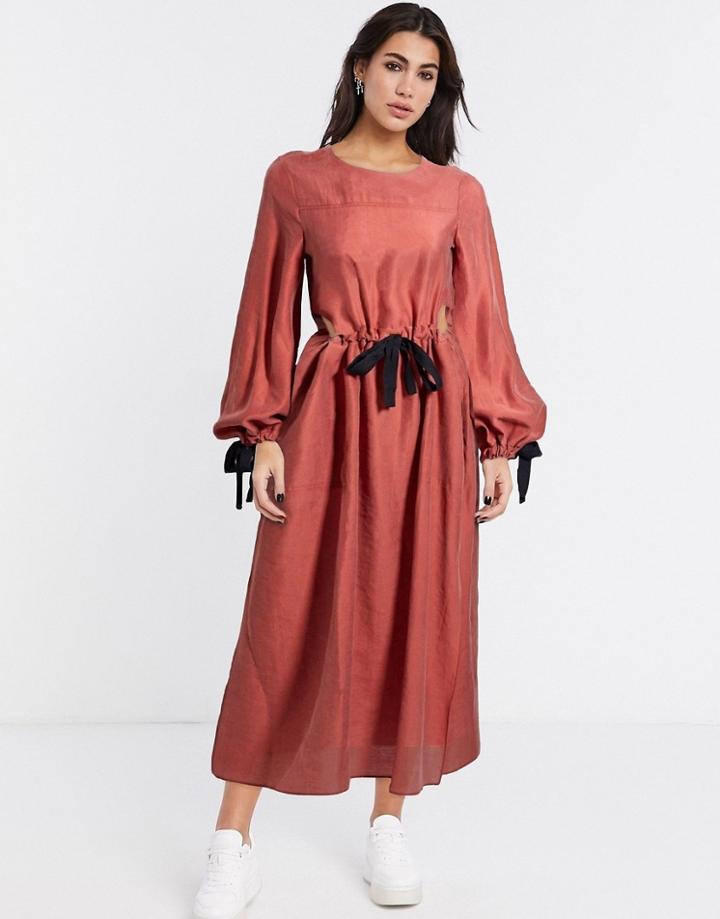Asos Design Premium Casual Drawstring Waist Midi Dress With Herringbone Ties In Terracotta-pink