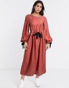 Asos Design Premium Casual Drawstring Waist Midi Dress With Herringbone Ties In Terracotta-pink