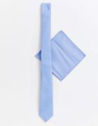 Asos Design Slim Tie & Pocket Square In Textured Blue - Blue