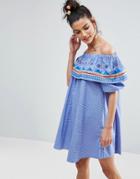 Asos Geo-tribal Embroidered Off Shoulder Sundress On Check Cotton - Blue