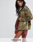 Reclaimed Vintage Revived Festival Camo Military Jacket With Rhinestone Fish Patches - Green